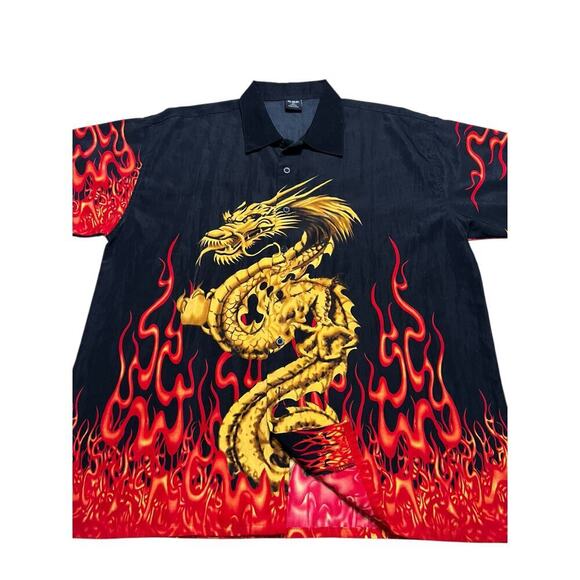 KNU Gear Men’s‎ Button Up Shirt - Japanese Dragon Flames Black / Red - XL - Picture 2 of 7